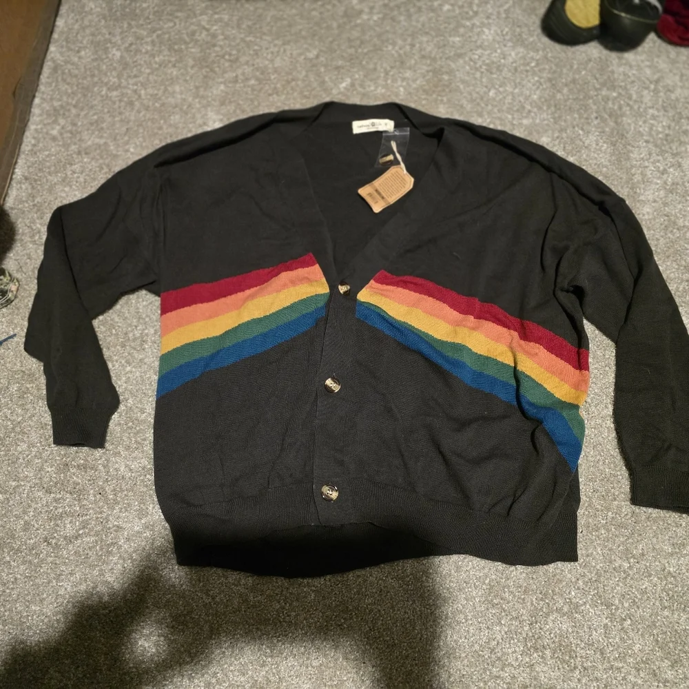 NATURAL LIFE Gray Cardigan with Rainbow Stripes - Picture 1 of 6